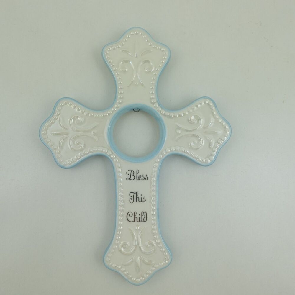 Demdaco Porcelain Cross Baby Boy Religious "Bless This Child" Baptism Gift 2011